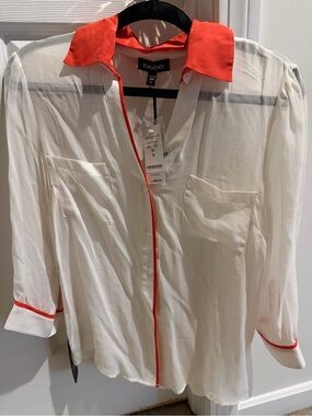 Brand new bebe White Sheer Button-Up Shirt with Coral Trim
